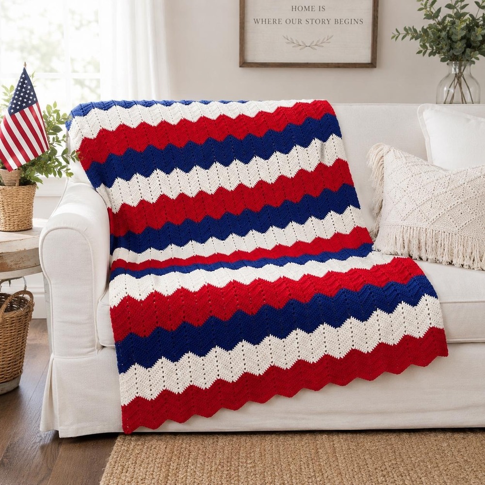 VTG Handmade Crochet Ripple Throw Blanket Chevron Afghan Patriotic Americana